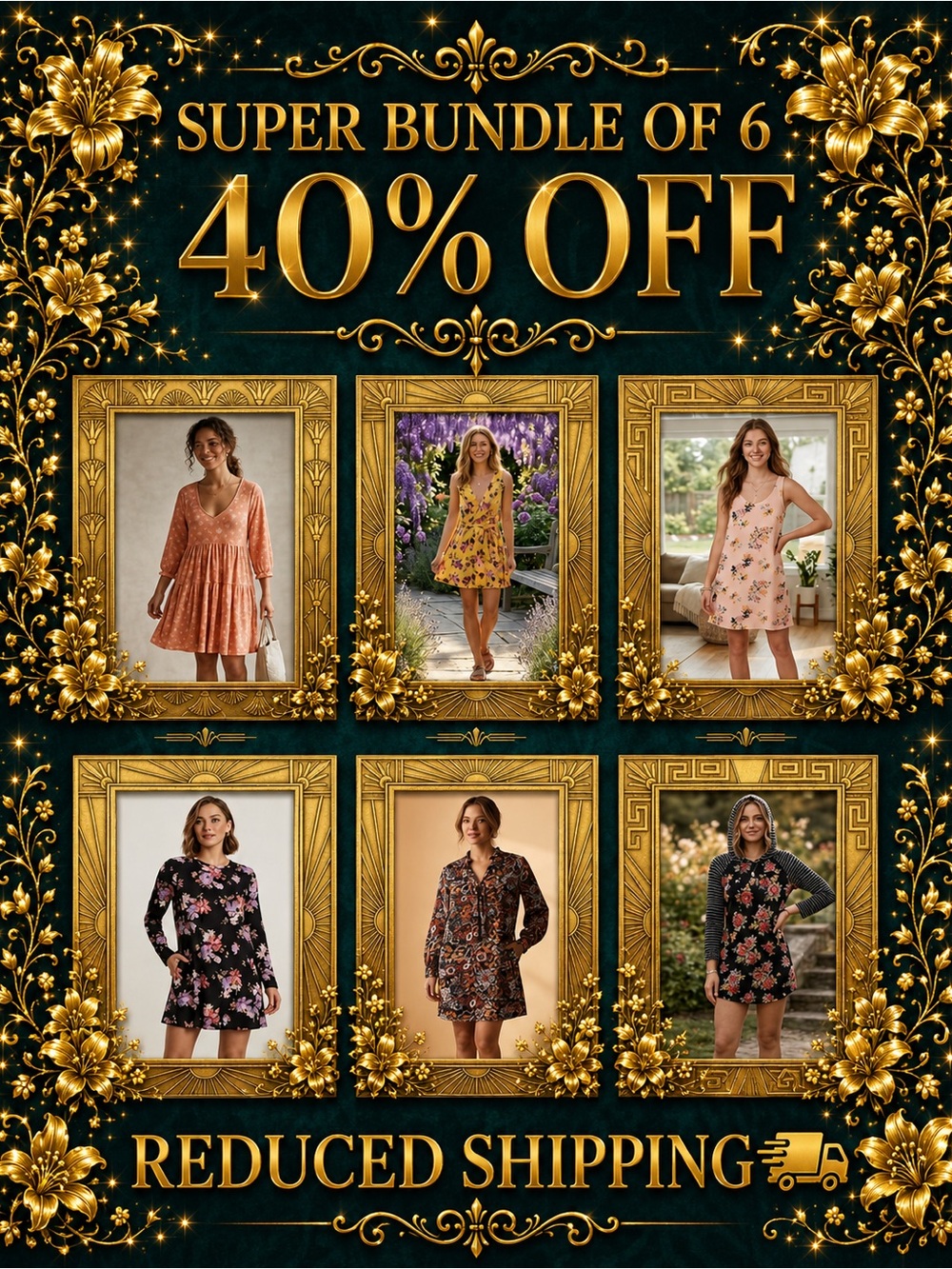 Bundle of 6, 40% OFF + Reduced Shipping - Floral Dresses Collection, Large